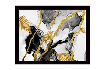 Inramad Canvastavla i trä - 41x56 cm - Abstrakt komposition med guldiga ormbunksblad och svarta inslag - Guld / Svart / Grå - Inredning - Tavlor & posters - Canvastavla