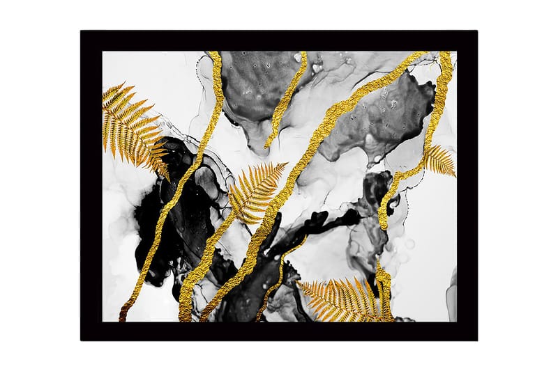 Inramad Canvastavla i trä - 41x56 cm - Abstrakt komposition med guldiga ormbunksblad och svarta inslag, Guld / Svart / Grå