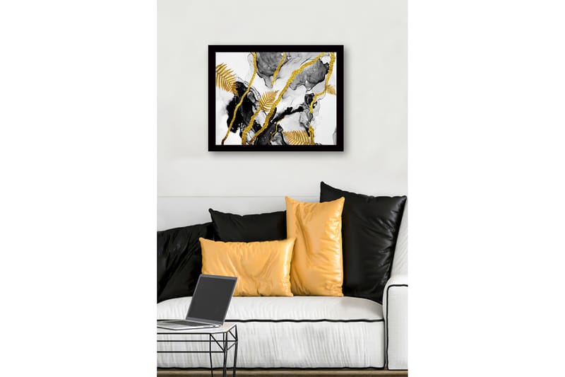 Inramad Canvastavla i trä - 41x56 cm - Abstrakt komposition med guldiga ormbunksblad och svarta inslag - Guld / Svart / Grå - Inredning - Tavlor & posters - Canvastavla