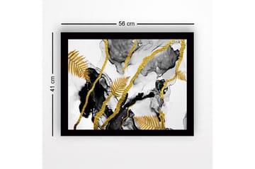 Inramad Canvastavla i trä - 41x56 cm - Abstrakt komposition med guldiga ormbunksblad och svarta inslag - Guld / Svart / Grå - Inredning - Tavlor & posters - Canvastavla
