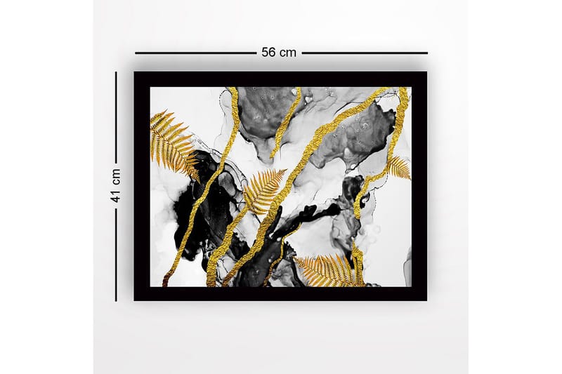 Inramad Canvastavla i trä - 41x56 cm - Abstrakt komposition med guldiga ormbunksblad och svarta inslag - Guld / Svart / Grå - Inredning - Tavlor & posters - Canvastavla