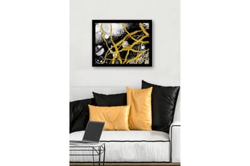 Inramad Canvastavla i trä - 41x56 cm - Abstrakt komposition med gyllene linjer och svarta och vita inslag - Guld / Svart / Vitt - Inredning - Tavlor & posters - Canvastavla