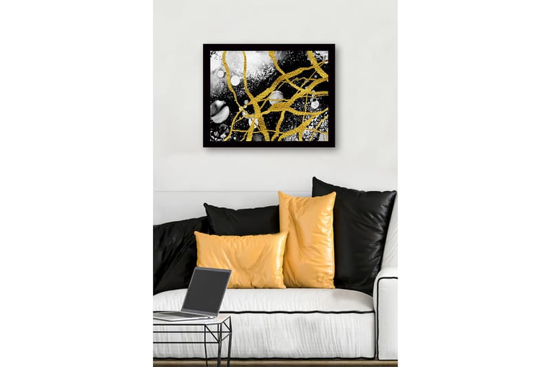 Inramad Canvastavla i trä - 41x56 cm - Abstrakt komposition med gyllene linjer och svarta och vita inslag - Guld / Svart / Vitt - Inredning - Tavlor & posters - Canvastavla