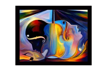 Inramad Canvastavla i trä - 41x56 cm - Abstrakt komposition med musikinstrument och ansikten - Mörkblå / Orange / Ljusgul - Inredning - Tavlor & posters - Canvastavla