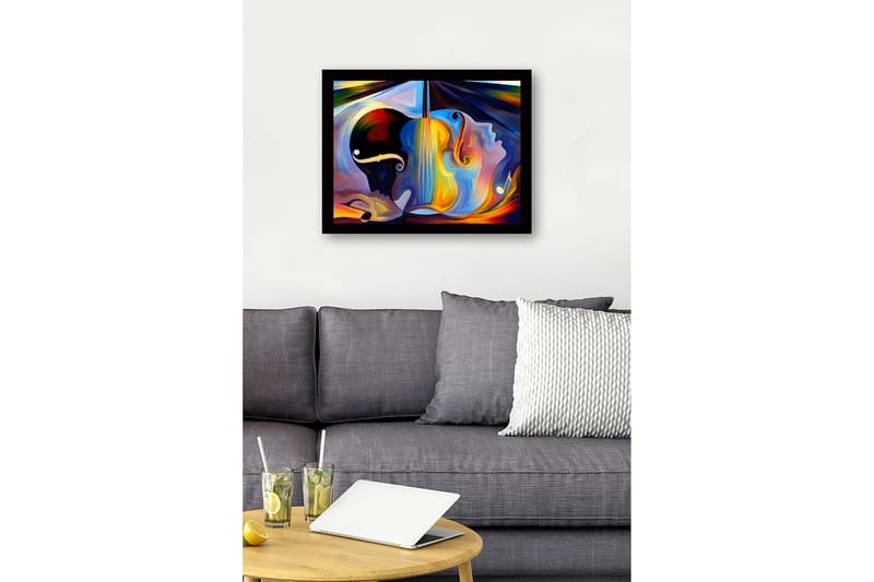 Inramad Canvastavla i trä - 41x56 cm - Abstrakt komposition med musikinstrument och ansikten - Mörkblå / Orange / Ljusgul - Inredning - Tavlor & posters - Canvastavla