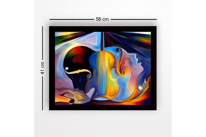 Inramad Canvastavla i trä - 41x56 cm - Abstrakt komposition med musikinstrument och ansikten - Mörkblå / Orange / Ljusgul - Inredning - Tavlor & posters - Canvastavla