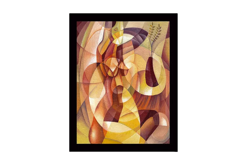 Inramad Canvastavla i trä - 41x56 cm - Abstrakt komposition med organiska former och en vas med växter, Guld / Brun / Terrakotta