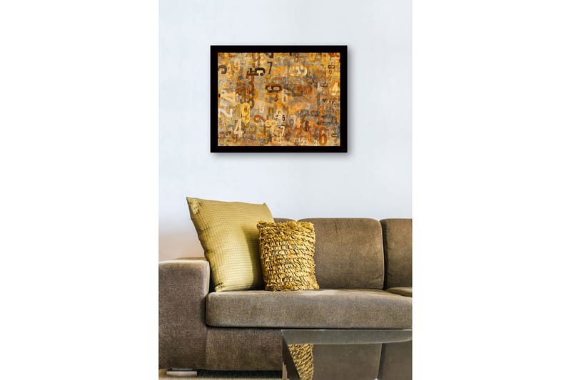 Inramad Canvastavla i trä - 41x56 cm - Abstrakt komposition med siffror i olika storlekar - Guld / Brunt / Beige - Inredning - Tavlor & posters - Canvastavla
