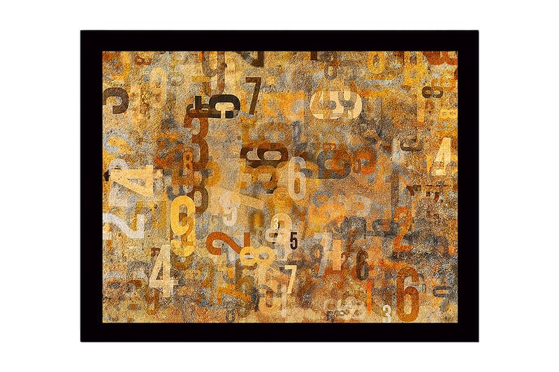 Inramad Canvastavla i trä - 41x56 cm - Abstrakt komposition med siffror i olika storlekar, Guld / Brunt / Beige