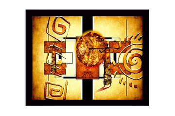 Inramad Canvastavla i trä - 41x56 cm - Abstrakt komposition med solsymbolik och geometriska former - Guld / Orange / Brun - Inredning - Tavlor & posters - Canvastavla