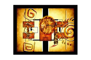 Inramad Canvastavla i trä - 41x56 cm - Abstrakt komposition med solsymbolik och geometriska former - Guld / Orange / Brun - Inredning - Tavlor & posters - Canvastavla