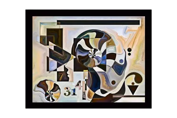 Inramad Canvastavla i trä - 41x56 cm - Abstrakt komposition med spiraler och geometriska former - Svart / Vit / Brun - Inredning - Tavlor & posters - Canvastavla