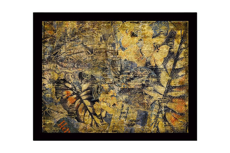 Inramad Canvastavla i trä - 41x56 cm - Abstrakt komposition med växtmotiv och texturer, Guld / Mörkblå / Orange