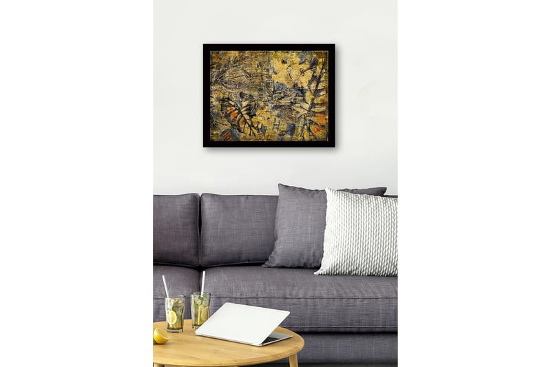 Inramad Canvastavla i trä - 41x56 cm - Abstrakt komposition med växtmotiv och texturer - Guld / Mörkblå / Orange - Inredning - Tavlor & posters - Canvastavla