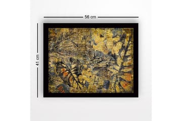 Inramad Canvastavla i trä - 41x56 cm - Abstrakt komposition med växtmotiv och texturer - Guld / Mörkblå / Orange - Inredning - Tavlor & posters - Canvastavla