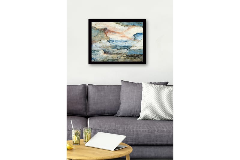 Inramad Canvastavla i trä - 41x56 cm - Abstrakt landskap med hav och klippor - Blå / Grå / Beige - Inredning - Tavlor & posters - Canvastavla