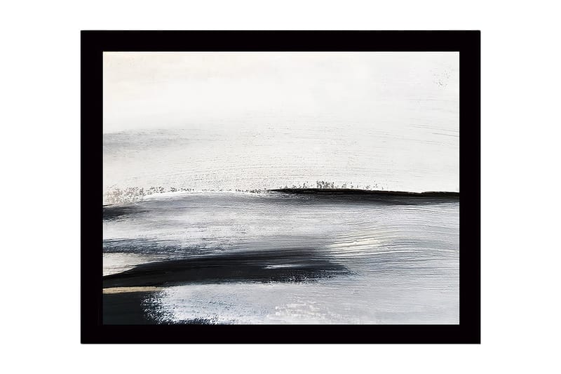 Inramad Canvastavla i trä - 41x56 cm - Abstrakt landskap med mjuka, svepande linjer, Vit / Svart / Grå
