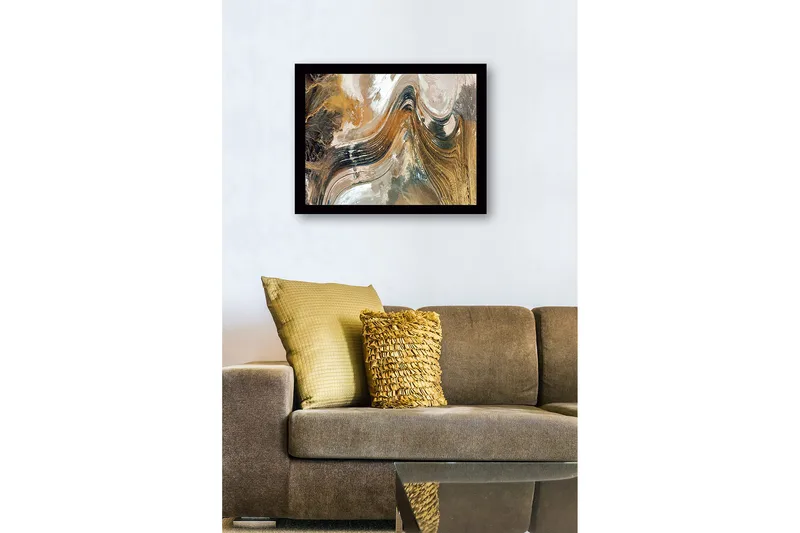 Inramad Canvastavla i trä - 41x56 cm - Abstrakt landskap med svepande linjer och jordnära toner - Guld / Brunt / Svart - Inredning - Tavlor & posters - Canvastavla