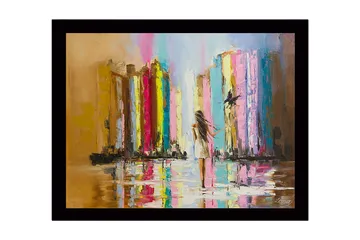 Inramad Canvastavla i trä - 41x56 cm - Abstrakt scen i regn där kvinna går mot ljuset med färgpelare - Flerfärgad - Inredning - Tavlor & posters - Canvastavla