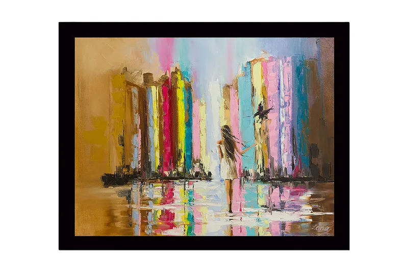 Inramad Canvastavla i trä - 41x56 cm - Abstrakt scen i regn där kvinna går mot ljuset med färgpelare - Flerfärgad - Inredning - Tavlor & posters - Canvastavla