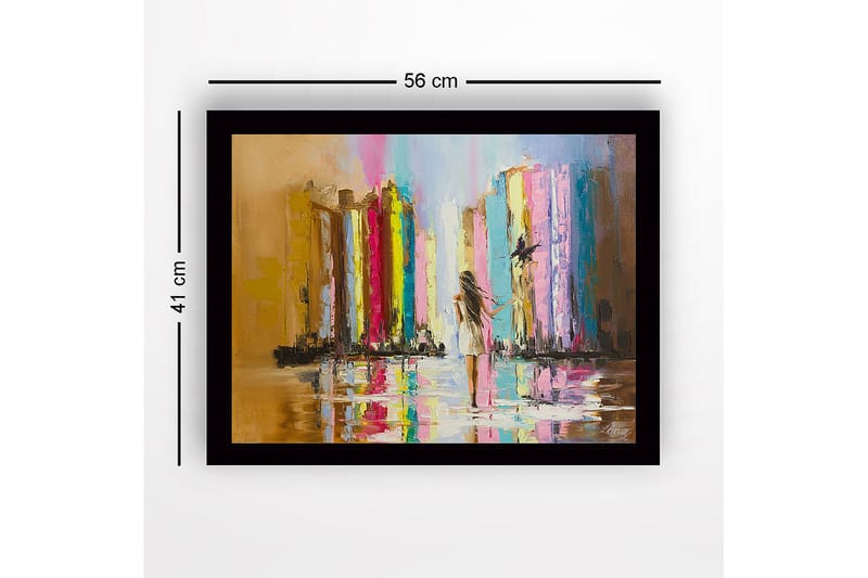 Inramad Canvastavla i trä - 41x56 cm - Abstrakt scen i regn där kvinna går mot ljuset med färgpelare - Flerfärgad - Inredning - Tavlor & posters - Canvastavla