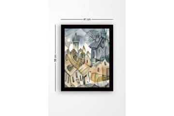 Inramad Canvastavla i trä - 41x56 cm - Abstrakt stadslandskap med böljande hus och torn - Grå / Beige / Ljusblå - Inredning - Tavlor & posters - Canvastavla