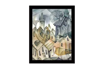 Inramad Canvastavla i trä - 41x56 cm - Abstrakt stadslandskap med böljande hus och torn - Grå / Beige / Ljusblå - Inredning - Tavlor & posters - Canvastavla