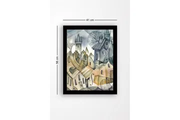 Inramad Canvastavla i trä - 41x56 cm - Abstrakt stadslandskap med böljande hus och torn - Grå / Beige / Ljusblå - Inredning - Tavlor & posters - Canvastavla