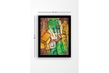 Inramad Canvastavla i trä - 41x56 cm - Abstrakt stadslandskap med vinklade byggnader och en man i hatt - Grön / Brun / Gul - Inredning - Tavlor & posters - Canvastavla