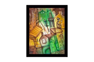 Inramad Canvastavla i trä - 41x56 cm - Abstrakt stadslandskap med vinklade byggnader och en man i hatt - Grön / Brun / Gul - Inredning - Tavlor & posters - Canvastavla