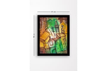Inramad Canvastavla i trä - 41x56 cm - Abstrakt stadslandskap med vinklade byggnader och en man i hatt - Grön / Brun / Gul - Inredning - Tavlor & posters - Canvastavla