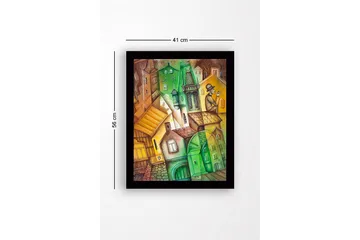 Inramad Canvastavla i trä - 41x56 cm - Abstrakt stadslandskap med vinklade byggnader och en man i hatt - Grön / Brun / Gul - Inredning - Tavlor & posters - Canvastavla