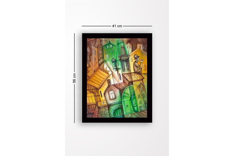Inramad Canvastavla i trä - 41x56 cm - Abstrakt stadslandskap med vinklade byggnader och en man i hatt - Grön / Brun / Gul - Inredning - Tavlor & posters - Canvastavla