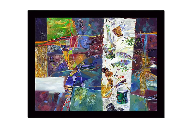 Inramad Canvastavla i trä - 41x56 cm - Abstrakt stillleben med mat och köksredskap, Grön / Lila / Guld