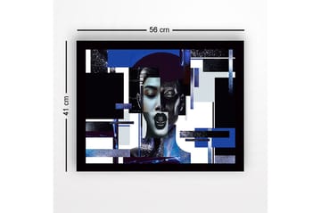 Inramad Canvastavla i trä - 41x56 cm - Abstrakt porträtt av en kvinna med geometriska former och starka kontraster - Mörkblå / Svart / Vit - Inredning - Tavlor & posters - Canvastavla