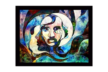 Inramad Canvastavla i trä - 41x56 cm - Abstrakt porträtt med ansikten i sammansmältning - Blå / Grön / Röd - Inredning - Tavlor & posters - Canvastavla