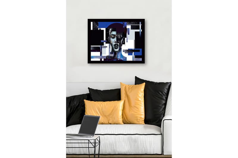 Inramad Canvastavla i trä - 41x56 cm - Abstrakt porträtt av en kvinna med geometriska former och starka kontraster - Mörkblå / Svart / Vit - Inredning - Tavlor & posters - Canvastavla