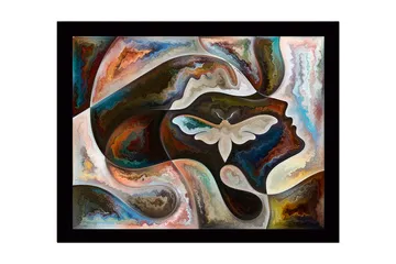 Inramad Canvastavla i trä - 41x56 cm - Abstrakt porträtt med en fjäril i fokus - Mörkbrun / Beige / Turkos - Inredning - Tavlor & posters - Canvastavla