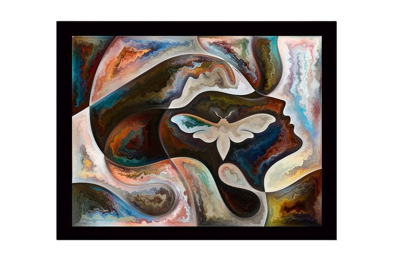 Inramad Canvastavla i trä - 41x56 cm - Abstrakt porträtt med en fjäril i fokus, Mörkbrun / Beige / Turkos