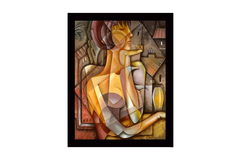 Inramad Canvastavla i trä - 41x56 cm - Abstrakt porträtt av en kvinna med geometriska former - Guld / Brunt / Beige - Inredning - Tavlor & posters - Canvastavla