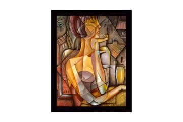 Inramad Canvastavla i trä - 41x56 cm - Abstrakt porträtt av en kvinna med geometriska former - Guld / Brunt / Beige - Inredning - Tavlor & posters - Canvastavla