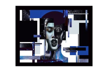 Inramad Canvastavla i trä - 41x56 cm - Abstrakt porträtt av en kvinna med geometriska former och starka kontraster - Mörkblå / Svart / Vit - Inredning - Tavlor & posters - Canvastavla