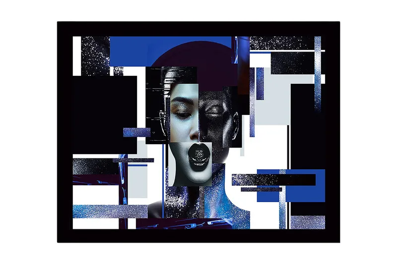 Inramad Canvastavla i trä - 41x56 cm - Abstrakt porträtt av en kvinna med geometriska former och starka kontraster, Mörkblå / Svart / Vit