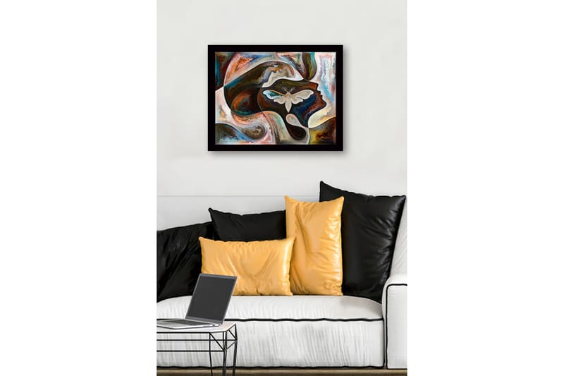 Inramad Canvastavla i trä - 41x56 cm - Abstrakt porträtt med en fjäril i fokus - Mörkbrun / Beige / Turkos - Inredning - Tavlor & posters - Canvastavla