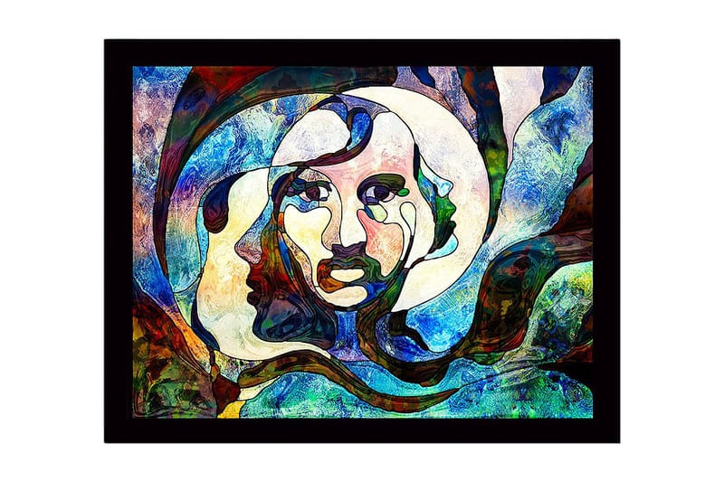 Inramad Canvastavla i trä - 41x56 cm - Abstrakt porträtt med ansikten i sammansmältning, Blå / Grön / Röd