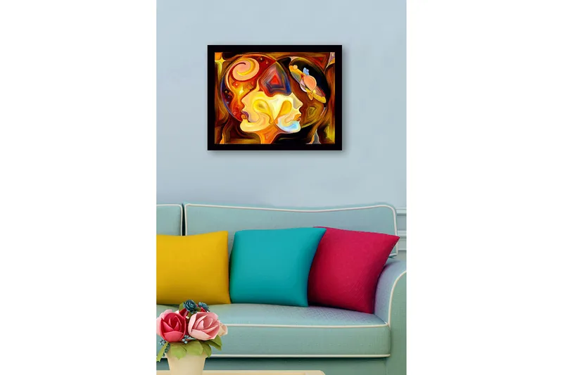 Inramad Canvastavla i trä - 41x56 cm - Abstrakt porträtt av två ansikten med kosmiska element - Guld / Orange / Brun - Inredning - Tavlor & posters - Canvastavla
