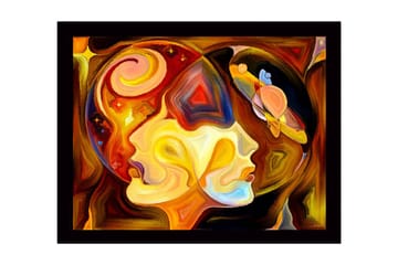 Inramad Canvastavla i trä - 41x56 cm - Abstrakt porträtt av två ansikten med kosmiska element - Guld / Orange / Brun - Inredning - Tavlor & posters - Canvastavla