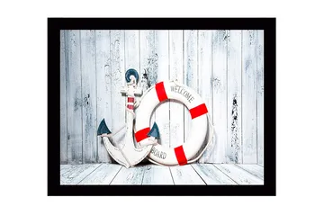 Inramad Canvastavla i trä - 41x56 cm - Ankar och livboj med välkomnande budskap - Vit / Röd / Blå - Inredning - Tavlor & posters - Canvastavla