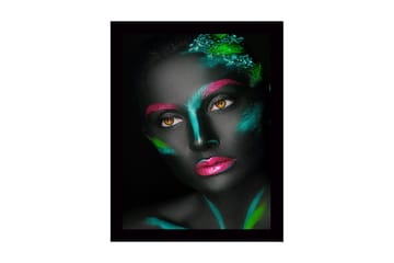Inramad Canvastavla i trä - 41x56 cm - Ansikte med färgglad ansiktsmålning i kontrasterande nyanser - Svart / Grön / Rosa - Inredning - Tavlor & posters - Canvastavla