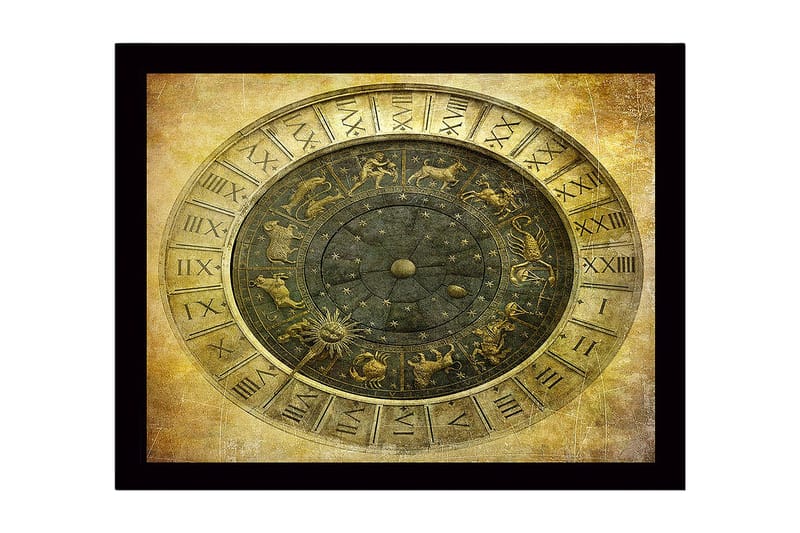 Inramad Canvastavla i trä - 41x56 cm - Astrologisk karta med zodiakens tecken och stjärnor, Guld / Svart / Grå